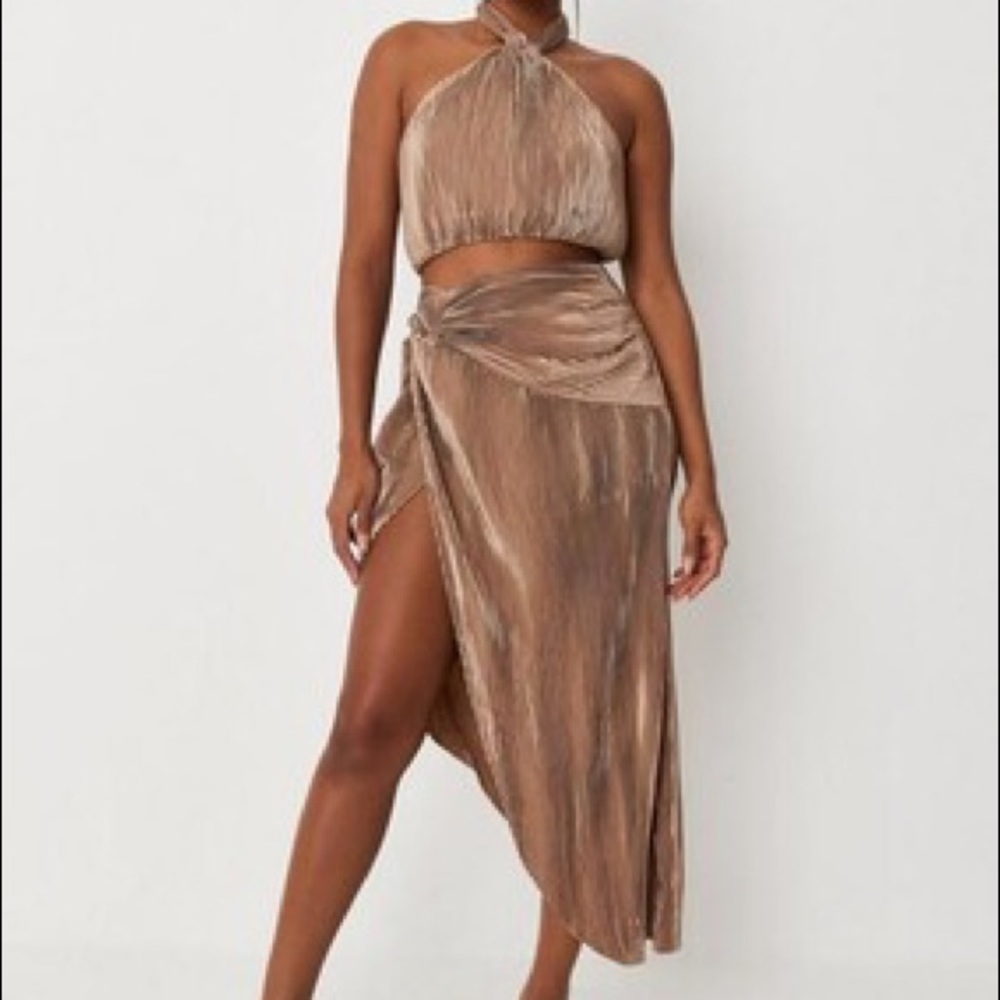 Misguided Champagne Gold Midi Skirt and Halter Crop Top Two Piece Set